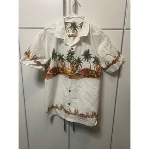 Palmwave Hawaii Mens White Cotton Tropical Woody Car Surfboard Aloha Shirt Large